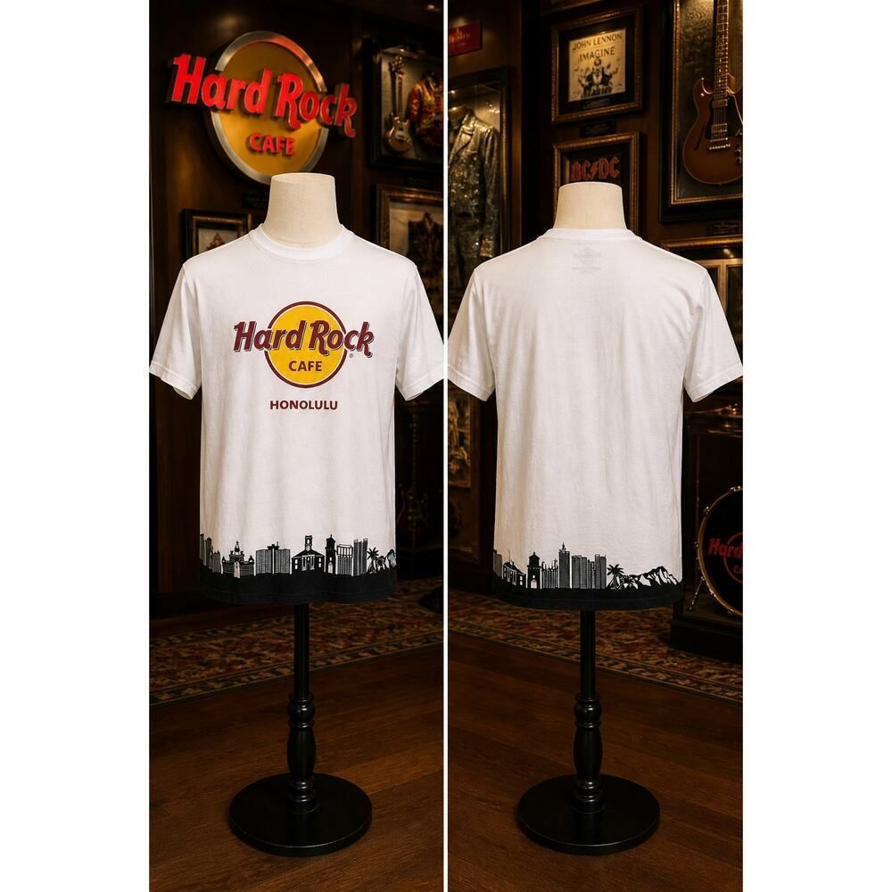 Hard Rock Cafe Honolulu T-Shirt Skyline Graphic White Tee Small